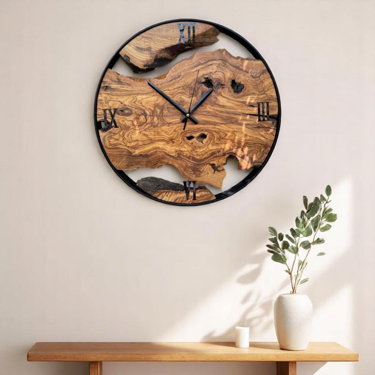 Rustic Timepiece Live Edge Olive Wood Wall Clock, Rustic Metal Frame Timepiece ...