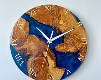 Made To Order Personalized Clock with Epoxy Resin & Olive Wood, Handmade Wall Clock for New Home Gift