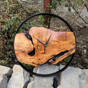 Metal & Olive Wood Unique Wall Clock, Large Wall Clock, Live Edge Wood Personalized Clock, Handmade Wall Clock for New Home Gift