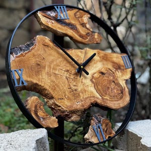 Metal & Olive Wood Oversized Wall Clock, Personalized Clock, Live Edge Wooden Large Wall Clock, Wood Wall Clock Unique for New Home Gift