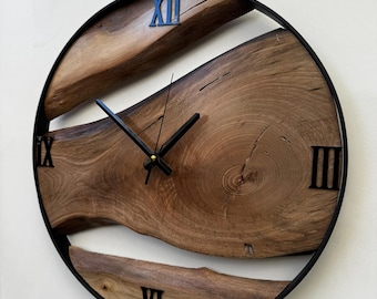Oversized Wood Wall Clock Made of Walnut, Handmade Rustic Design