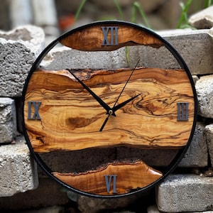 Olive Wood Personalized Clock, Wooden Large Wall Clock, Live Edge Wood Oversized Wall Clock, Metal & Wooden Wall Clock Unique, New Home Gift