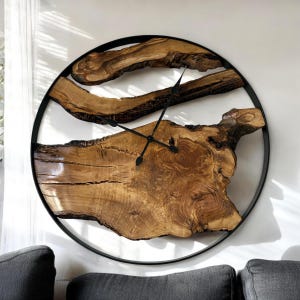 Oversized Wall Clock Made of Olive Wood, Metal and Olive Wood Wall Clock, Live Edge Wall Clock, New Home Gift, Unique Home Decor, Wall Decor