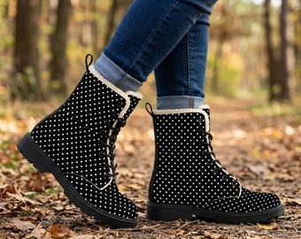 Black White Polka Dot Womens Fur Lined Boots Vegan Leather Combat Shoes Geometric Winter Footwear Minimalist Gift For Her