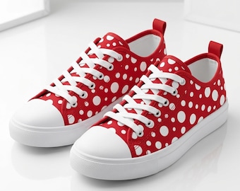Rote Damen-Sneaker mit weißen Punkten und auffälligem Kreismuster – verspielte, geometrische Schuhe, farbenfrohe Freizeitmode, das perfekte Geschenk für sie