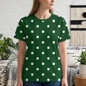 Green Polka Dot Shirt White Grid Pattern Unisex Cut And Sew Tee Minimalist Geometric Top Retro Everyday Clothing Gift For Her