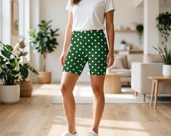 Green Polka Dot Biker Shorts Womens Faux Suede Workout Bottoms Minimalist Geometric Activewear Yoga Clothing Gift For Her