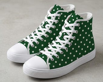 Mens High Top Sneakers Forest Green Dot Grid White Circle Pattern Shoes Minimalist Streetwear Birthday Gift For Him Casual Style