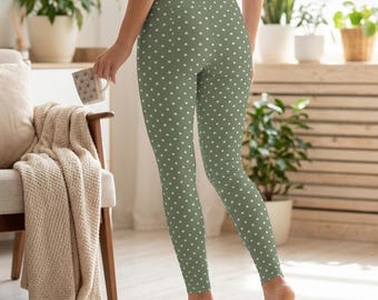 Leggings casuales de lunares verde salvia para mujer, pantalones ajustados de talle alto, estampado geométrico minimalista, atuendo diario, regalo de cumpleaños