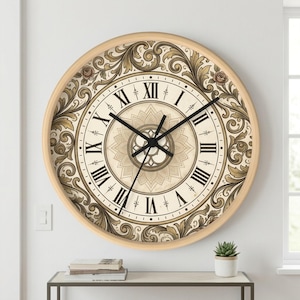 May include: A round wall clock with a light wood frame featuring a cream-colored face. The dial displays black Roman numerals and intricate brown scrollwork patterns surrounding the center. Three black hands indicate the time on the clock face.