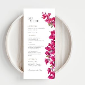 Plantilla de menú floral rosa para bodas / Menú de boda floral / Menú rosa para cenas / Menú personalizable Descarga instantánea