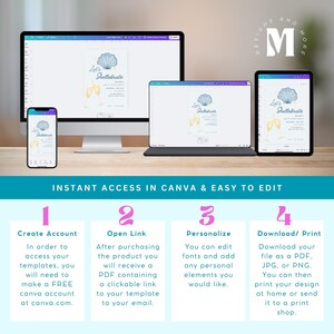 May include: A digital illustration of a seashell with the text "Let's Shellebrate" in a blue and white color scheme. The image is displayed on a computer screen, tablet, and smartphone. The text "Instant Access in Canva & Easy to Edit" is displayed below the image. The image is a guide for creating a printable invitation.