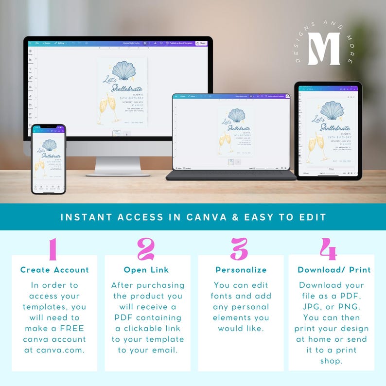 May include: A digital illustration of a seashell with the text "Let's Shellebrate" in a blue and white color scheme. The image is displayed on a computer screen, tablet, and smartphone. The text "Instant Access in Canva & Easy to Edit" is displayed below the image. The image is a guide for creating a printable invitation.