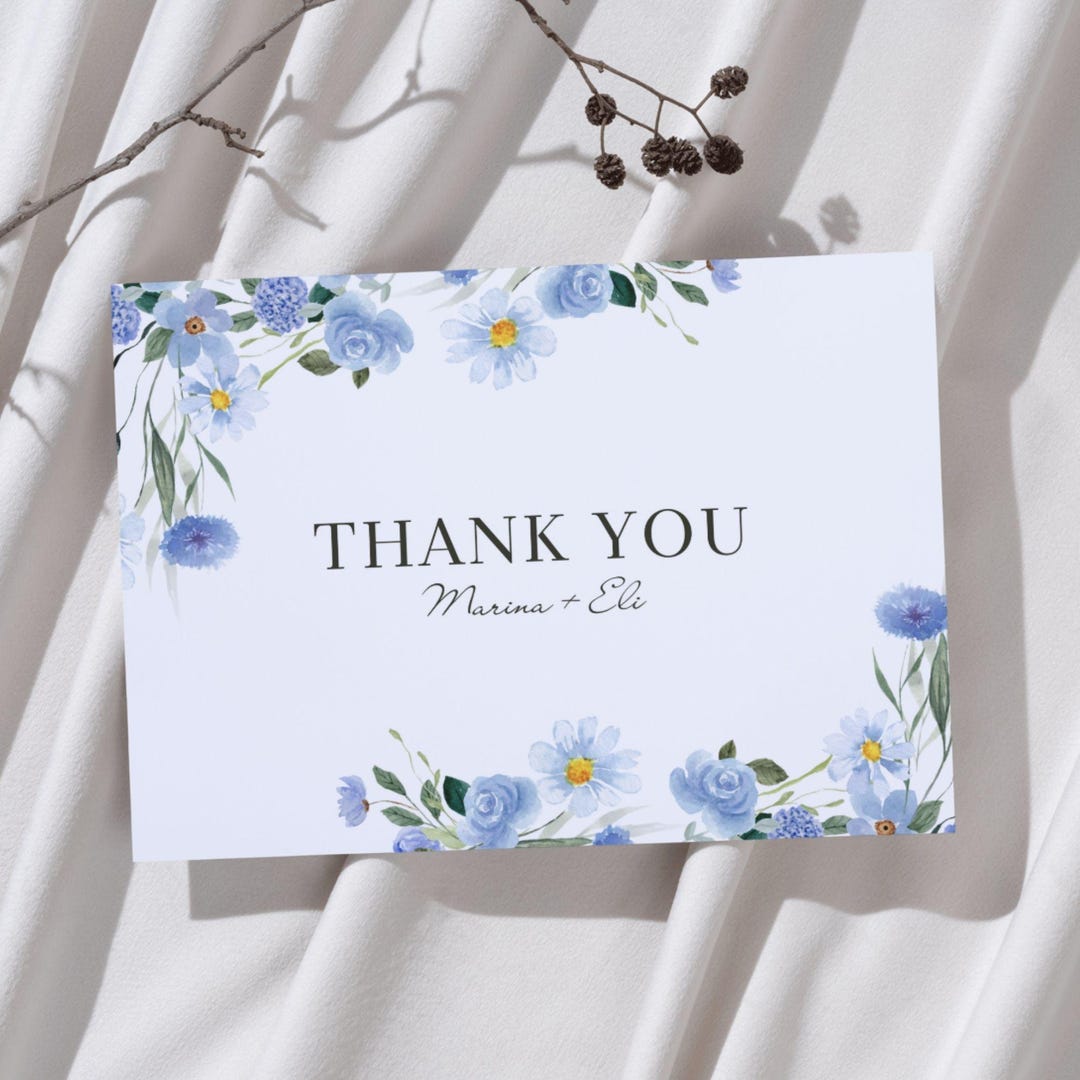 Blue Floral Thank You Card Template: Customizable Wedding Printable ...
