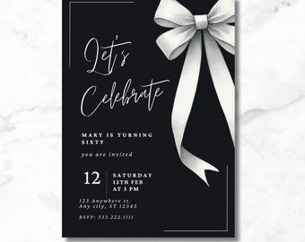 Elegant Black and White Birthday Invitation: Customizable Template (Digital Download)