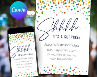 Confetti Surprise Party Invitation: Editable Canva Template (Digital Download)
