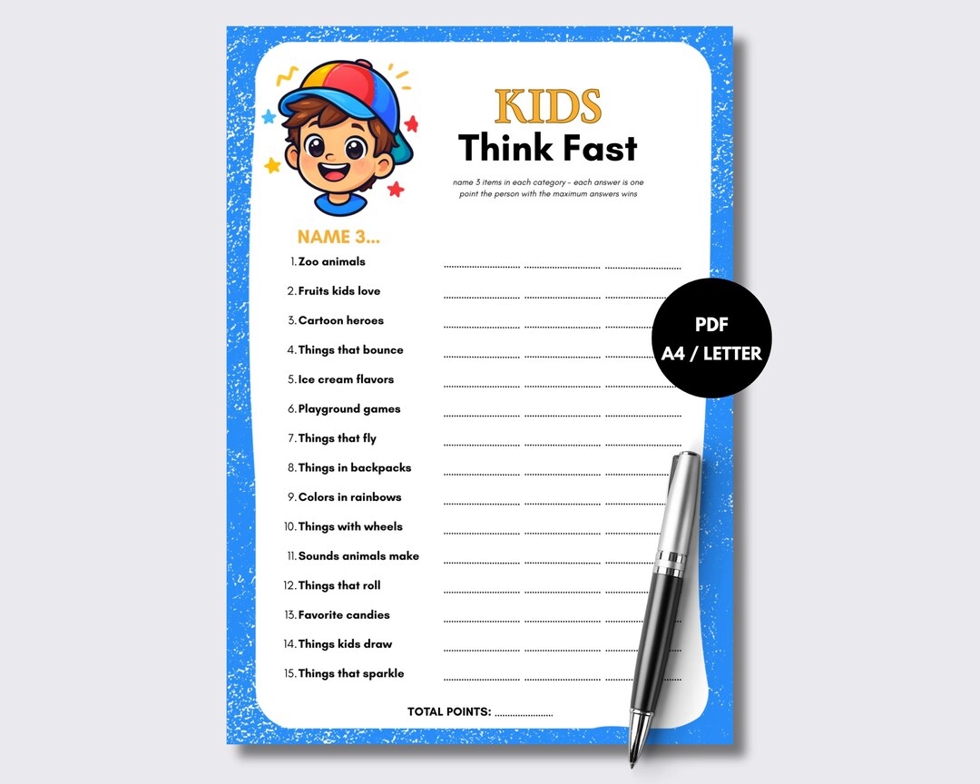 Kids Think Fast Game Printable | Family Game Night | Kids Party Games ...