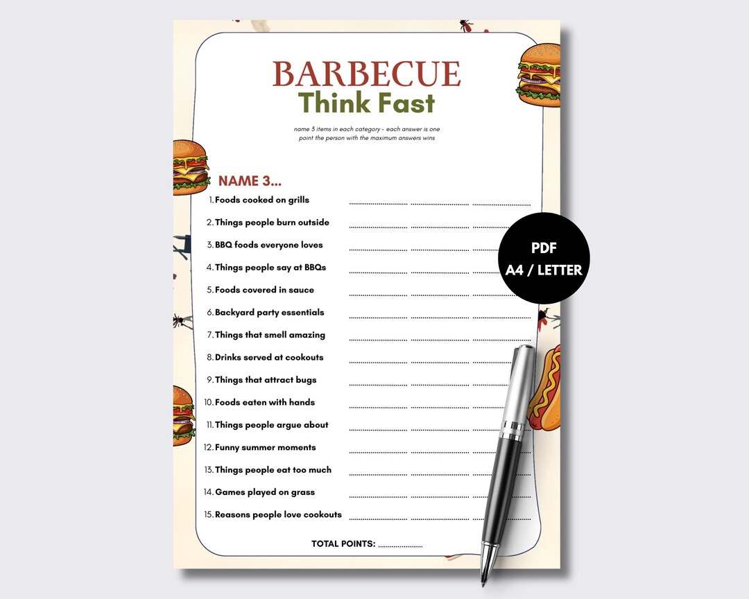 BBQ Think Fast Game Printable | BBQ Party Games | Backyard Games ...