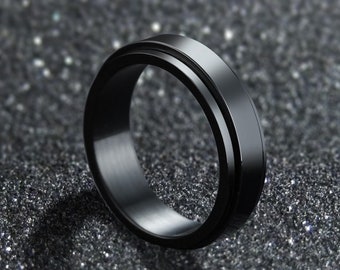 Anillo grabado gratis, anillos para hombre de ónix, anillos giratorios negros Fidget, anillo de banda de oro plateado negro, anillo giratorio para hombres y mujeres, anillos personalizados