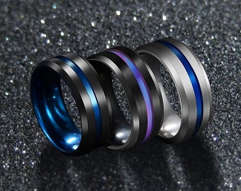 Groove Ring, Silver Band Ring, Black Rings Men, Womens Ring - Black, Silver, Blue, Purple, Red, Gold Stainless Steel Ring, Bofriend gift