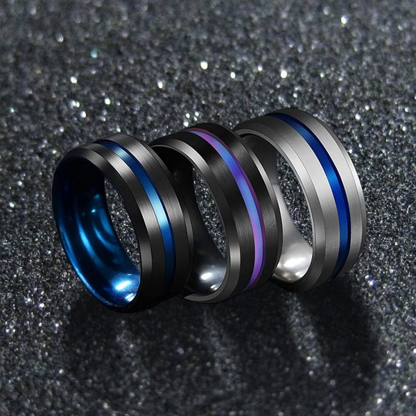 Groove Ring, Silver Band Ring, Black Rings Men, Womens Ring - Black, Silver, Blue, Purple, Red, Gold Stainless Steel Ring, Bofriend gift