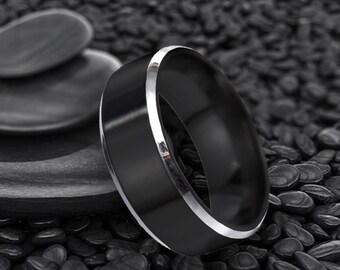 Mens Brushed Black & Silver Band Ring, Black Rings for Men, Silver Rings for Women, 8mm, Black Band Ring, Stainless Steel, Boyfriend Gift