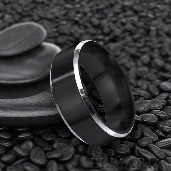 Mens Brushed Black & Silver Band Ring, Black Rings for Men, Silver Rings for Women, 8mm, Black Band Ring, Stainless Steel, Boyfriend Gift