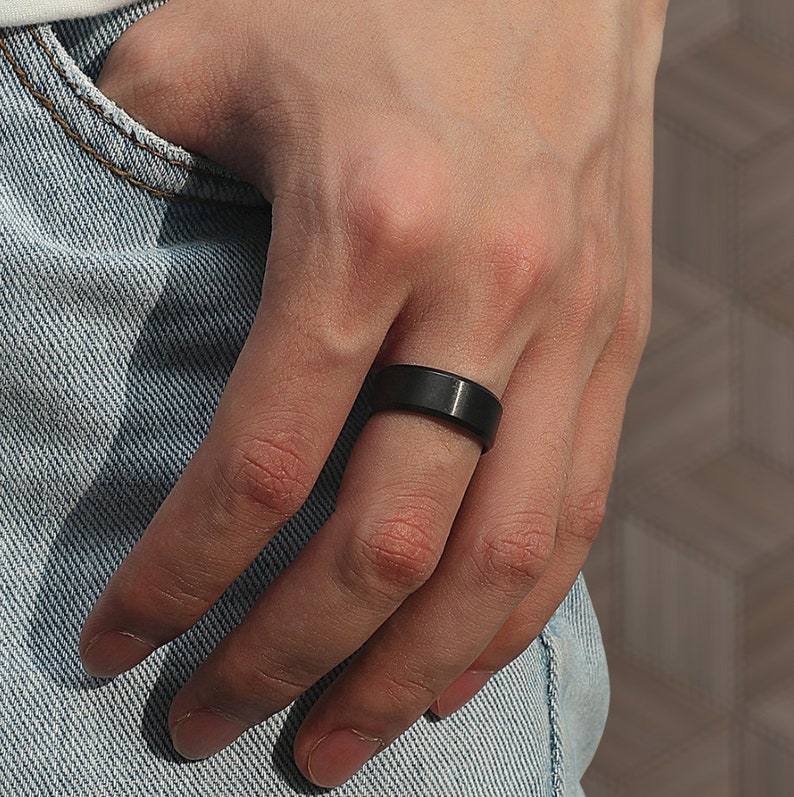 Mens black ring, Band ring for Men and Women, Mens Black Modern Rings, Stainless Steel ring Gift for him, her zdjęcie 7