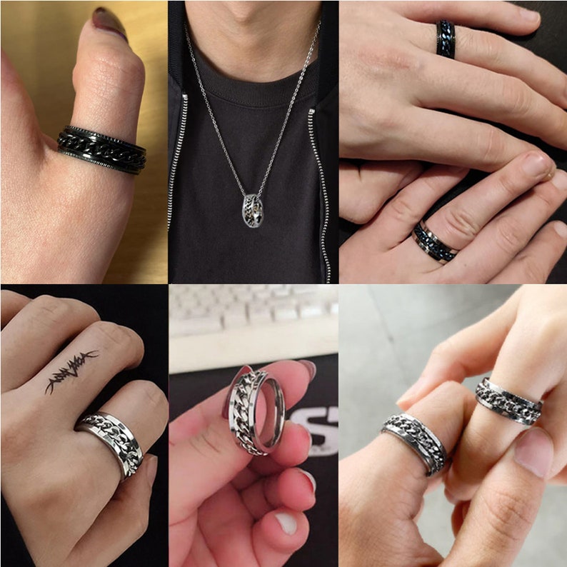 Fidget Rings, Chain Spinner Ring, Rotatable Bottle Opener Fidget Ring, Unisex, Mens Ring, Womens Ring, Black, Silver Rotatable Spinner Rings image 2