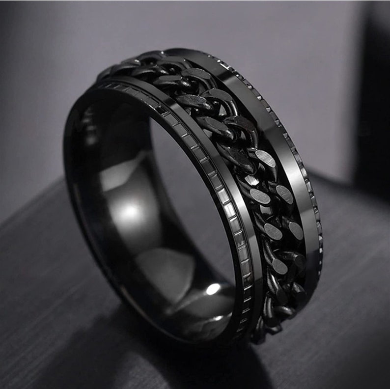 Fidget Rings, Chain Spinner Ring, Rotatable Bottle Opener Fidget Ring, Unisex, Mens Ring, Womens Ring, Black, Silver Rotatable Spinner Rings zdjęcie 5