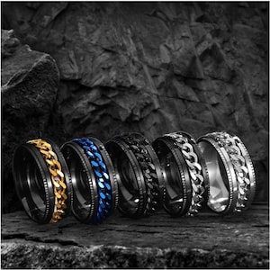 Fidget Rings, Chain Spinner Ring, Rotatable Bottle Opener Fidget Ring, Unisex, Mens Ring, Womens Ring, Black, Silver Rotatable Spinner Rings