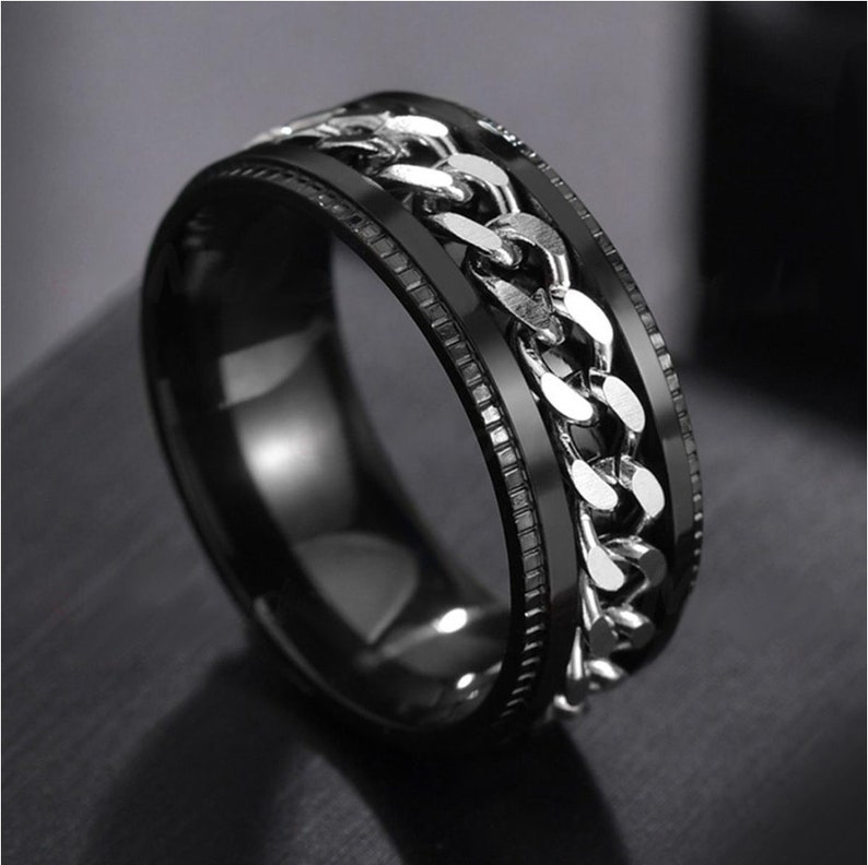 Fidget Rings, Chain Spinner Ring, Rotatable Bottle Opener Fidget Ring, Unisex, Mens Ring, Womens Ring, Black, Silver Rotatable Spinner Rings zdjęcie 7