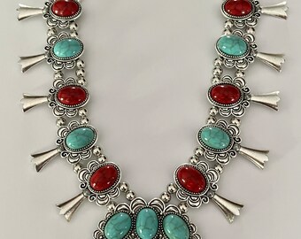 Turquoise and red coral squash blossom bib necklace