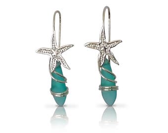 Sterling Silver Earrings, Silver Starfish Aquamarine Earrings, Gifts, Dangle Earrings,  Beach Jewelry, Gift for Her, Mermaid Jewelry,