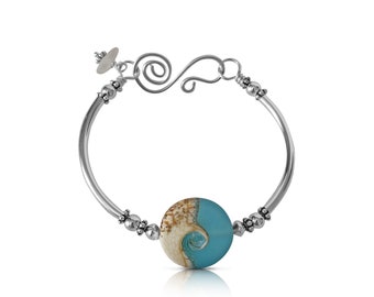 Boho Beach Bangle, Sterling Silver Blue Ocean Wave Bracelet, Sea Glass Bangle, Silver Jewelry, Mermaid Jewelry, Gift for Women