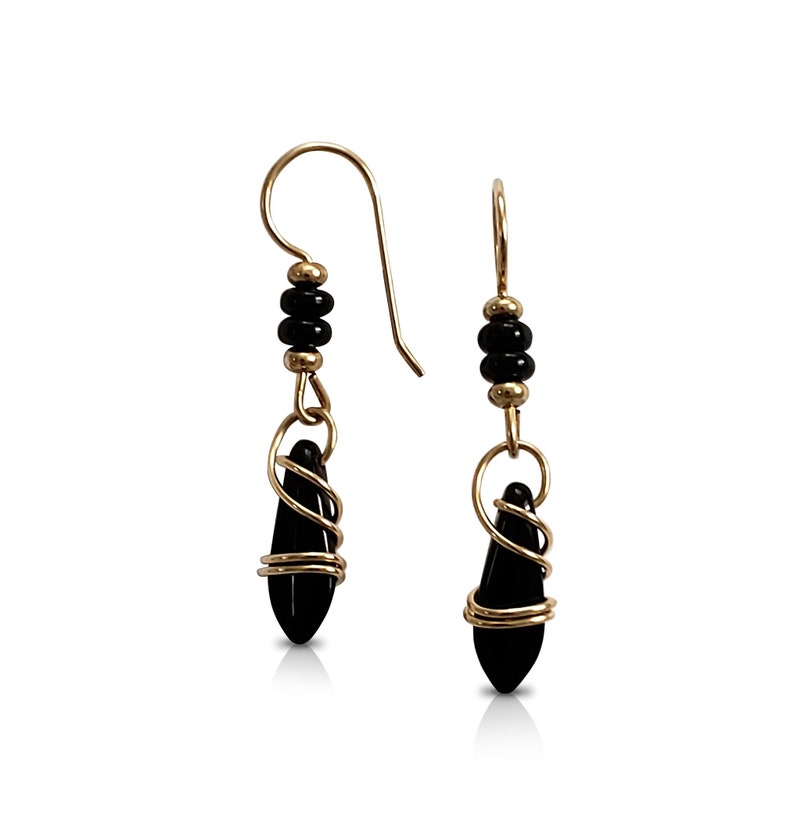 Gold Filled Earrings, Black Dangle Earrings, Dainty Earrings, Gift for Her, Gold Earrings immagine 3