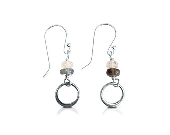 Silver Gemstone Earrings with Moonstone and Labradorite beads, Gift for Her, Dainty Sterling Silver Earrings