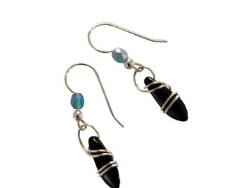 Dainty Black and Blue Drop Earrings, Boho Style, Sterling Silver, Gift for Her, Handmade Jewelry, Beaded Earrings, Silver Earrings