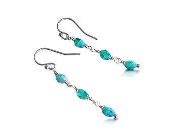 Aqua Blue Silver Earrings, Sterling Silver Dangle Earrings, Dainty Boho Style Earrings, Gift for Her, Handmade Silver Jewelry