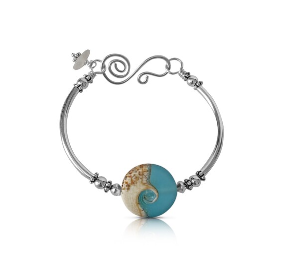 Boho Beach Bangle, Sterling Silver Blue Ocean Wave Bracelet, Sea