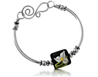 Black Silver Bracelet, Flower Bracelet, Handmade Silver Bracelet, Gift for Her, Mother's Day Gift, Nature Jewelry