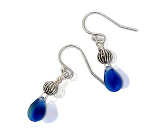 Blue Teardrop Earrings, Sterling Silver Handmade Earrings, Dainty Cobalt Blue Earrings, Gift for Her