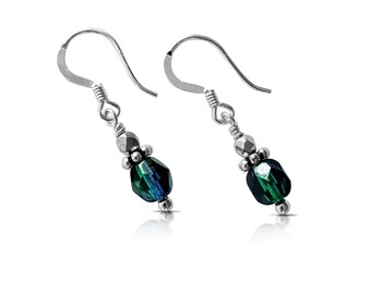 Blue Green Earrings, Dainty Earrings, Sterling Silver, Czech Glass Beads, Handmade Earrings, Gift for Her, Blue Jewelry, Green Earrings
