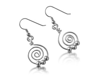 Sterling Silver Spiral Earrings, Beaded Swirl Earrings, Dangle Beaded Earrings, Boho Circle Earrings, Gift for Her