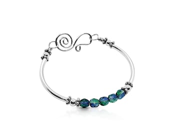 Boho Silver Bracelet, Blue Green Bangle, Sterling Silver, Gift for Her, Mother's Day Gift