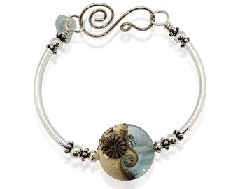 Silver Beaded Bracelet, Sea Glass Jewelry, Handmade Bracelet, Gift for Her, Sterling Silver Bangle, Summer Jewelry, Sea Glass Jewelry