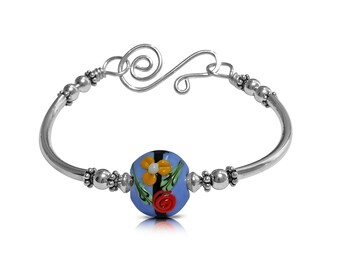 Pulsera de plata, pulsera de flores, flores amarillas rojas azules, joyería azul, plata de ley, joyería hecha a mano, regalo para ella, regalo de jardinero