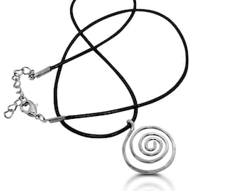 Handmade Silver Spiral Necklace, Sterling Silver, Boho Silver Necklace, Bohemian Style Jewelry, Circle Jewelry, Vinyl Cord, Gift for Her