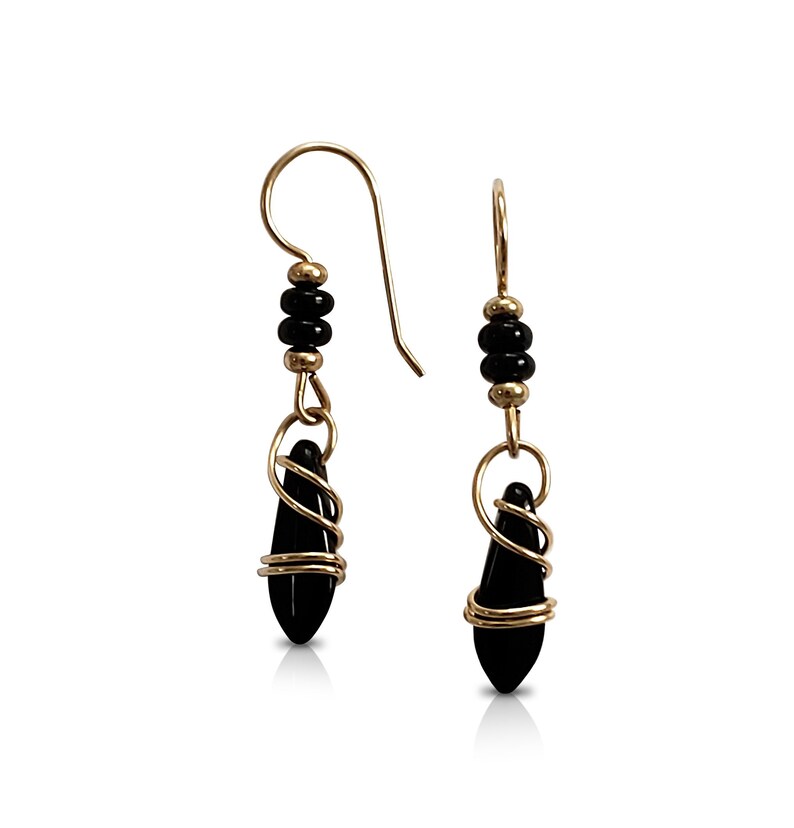 Gold Filled Earrings, Black Dangle Earrings, Dainty Earrings, Gift for Her, Gold Earrings image 1