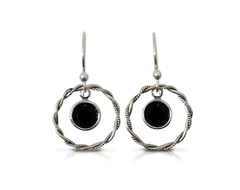 Hoop Earrings, Sterling Silver Jewelry, Boho Black Earrings, Silver Dangle Earrings, Gift for Her, Black Jewelry